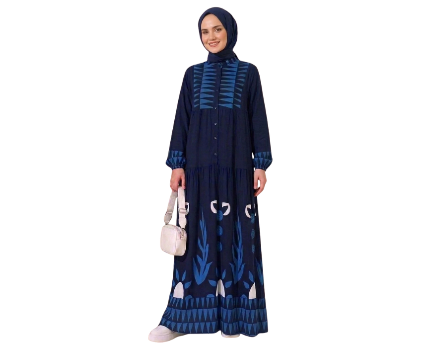 13 Wide Fit Navy Blue Patterned Abaya - Image 1