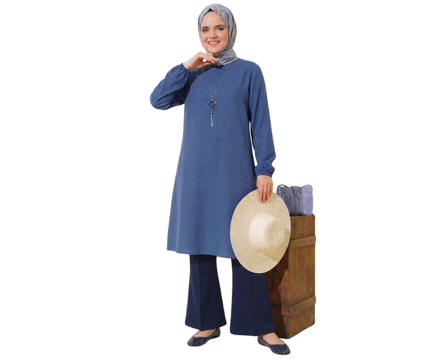 13 Indigo Long Plus Size Linen Tunic - Image 1