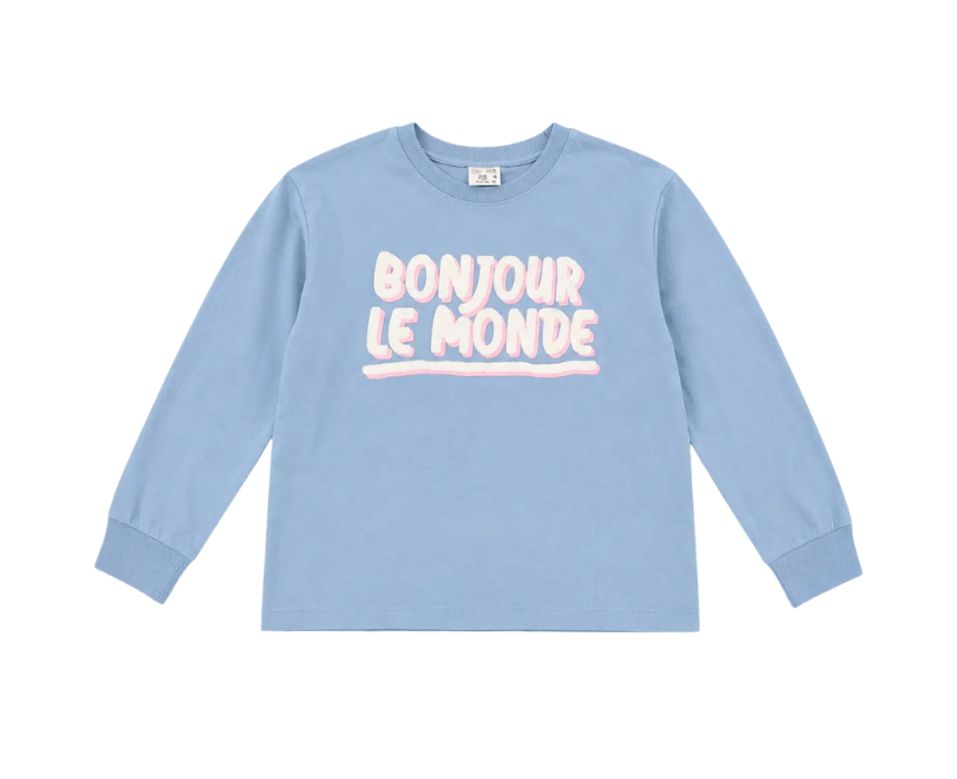 14 Zara Girls Light Blue Bonjour le monoe Printed Blouse - Image 1