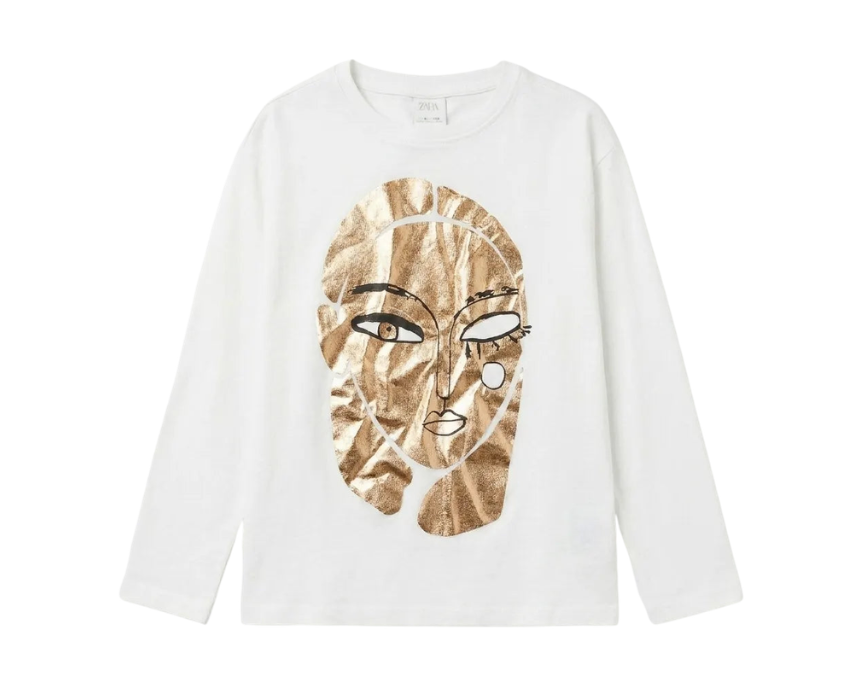 14 Zara Girls White Metallic Graphic Long Sleeve Blouse - Image 1