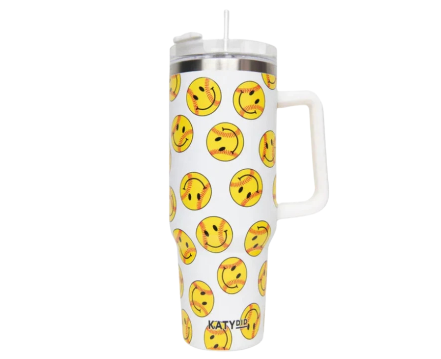 14 Soft Ball Happy Face Drink Tumbler - Image 1