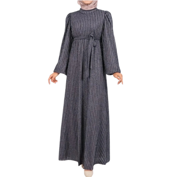 Gray Dress With Elasticated Sleeves Glitter Stripes And Belt