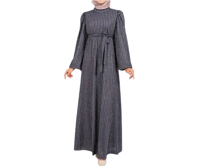 15 Gray Dress With Elasticated Sleeves Glitter Stripes And Belt - Image 1