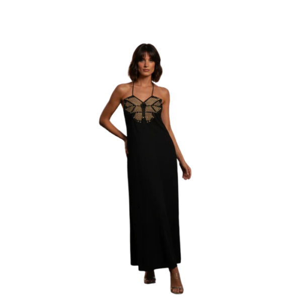 The Butterfly Embroidered Halter Black Dress