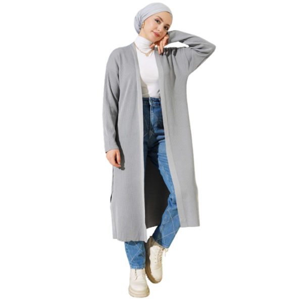 Gray Fine Ribbed Long Cardigan