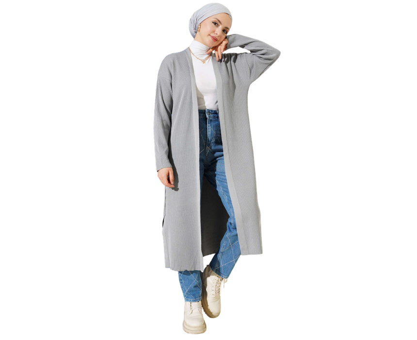 16 Gray Fine Ribbed Long Cardigan - Image 1