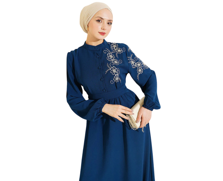 16 Elegant Petrol Dress With Shoulder Flower Embroidery - Image 1