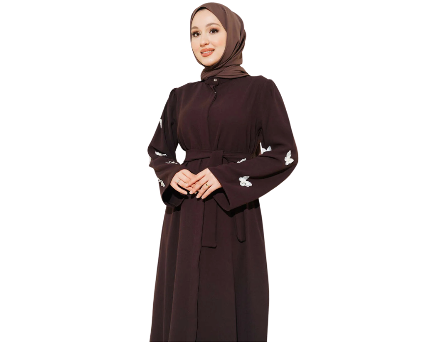 16 Coffee Brown Butterfly And Pearl Embellished Belted Abaya - Image 1