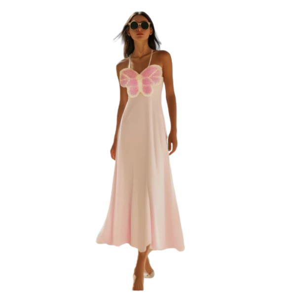 The Butterfly Embroidered Halter Pink Dress