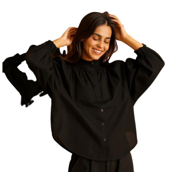 Smocked Mock Neck Black Blouse