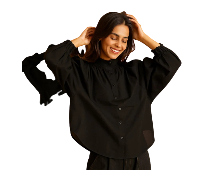 16 Smocked Mock Neck Black Blouse - Image 1