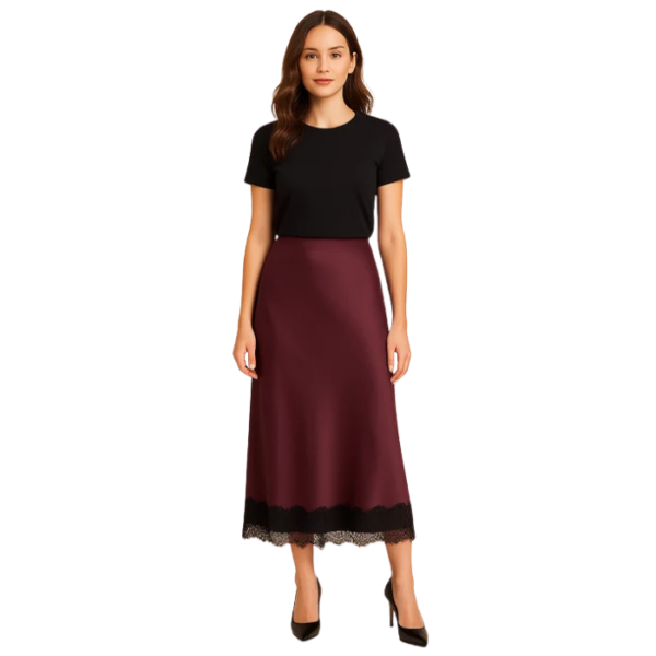 Burgundy Satin Lace Trim Midi Skirt