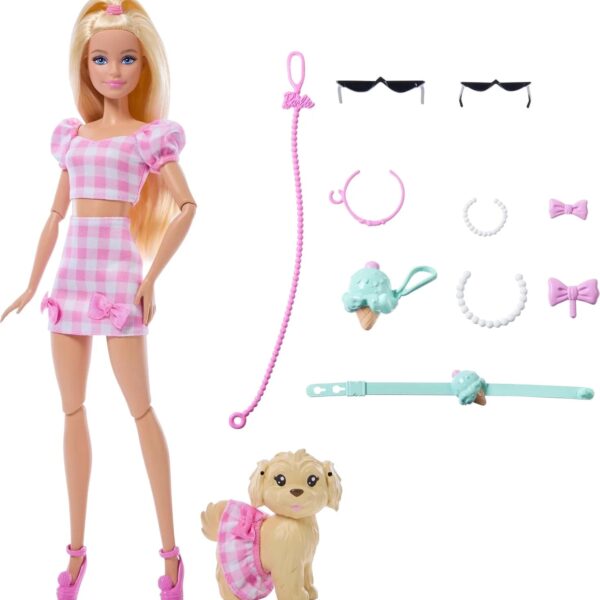 Twinning Looks Doll with Pet Dog in Matching Pink Gingham Clothes and Accessories for Both Like Sunglasses