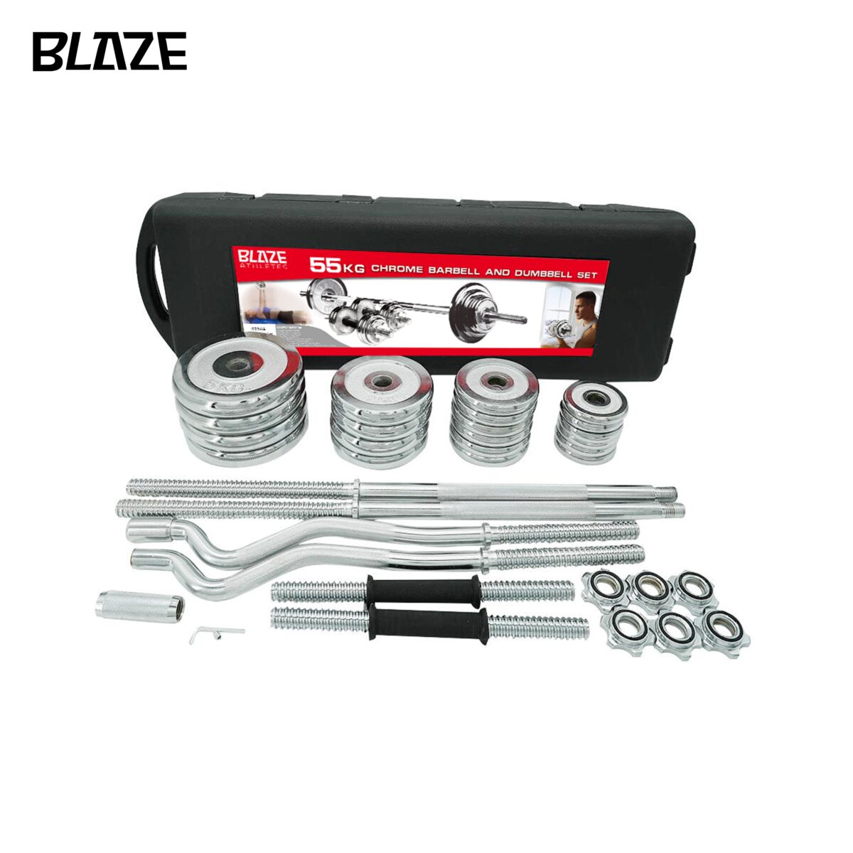 Adjustable Dumbbells and Barbell Set of 55kg Chrome