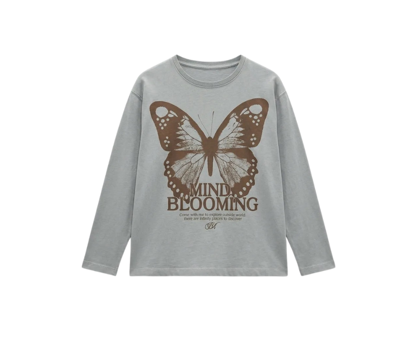 2 Zara Girls Grey Mind Blooming Graphic Long Sleeve Blouse - Image 1