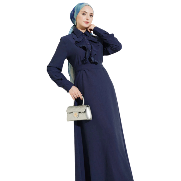 Elegant Navy Blue Half Buttoned Dress With Ruffles