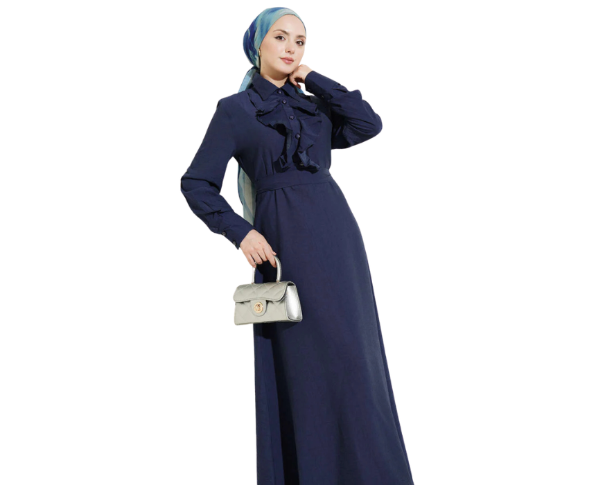 2 Elegant Navy Blue Half Buttoned Dress With Ruffles - Image 1