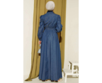 Dark Blue Denim Look Dress With Tie Detail - Image 