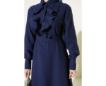 Elegant Navy Blue Half Buttoned Dress With Ruffles - Image 