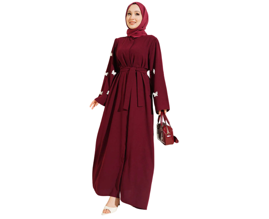 3 Burgundy Butterfly And Pearl Embellished Belted Abaya - Image 1