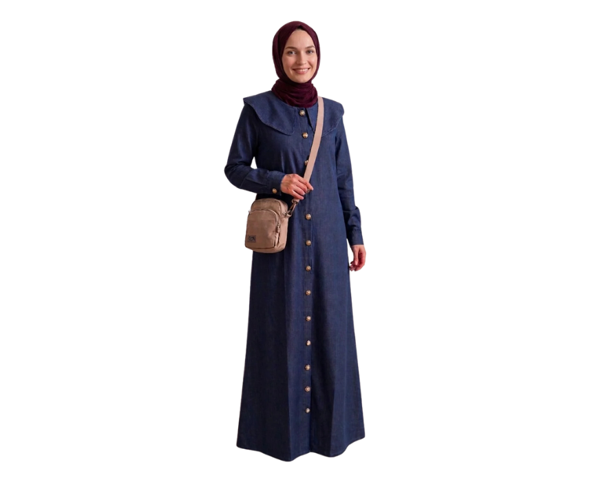 3 Plus Size Maxi Denim Collar Dress With Gold Buttons - Image 1