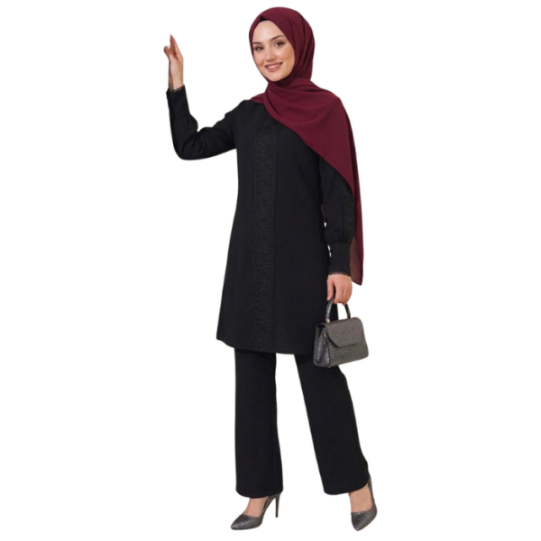 Black Modest Elegant Long Tunic And Trouser Two Piece Set