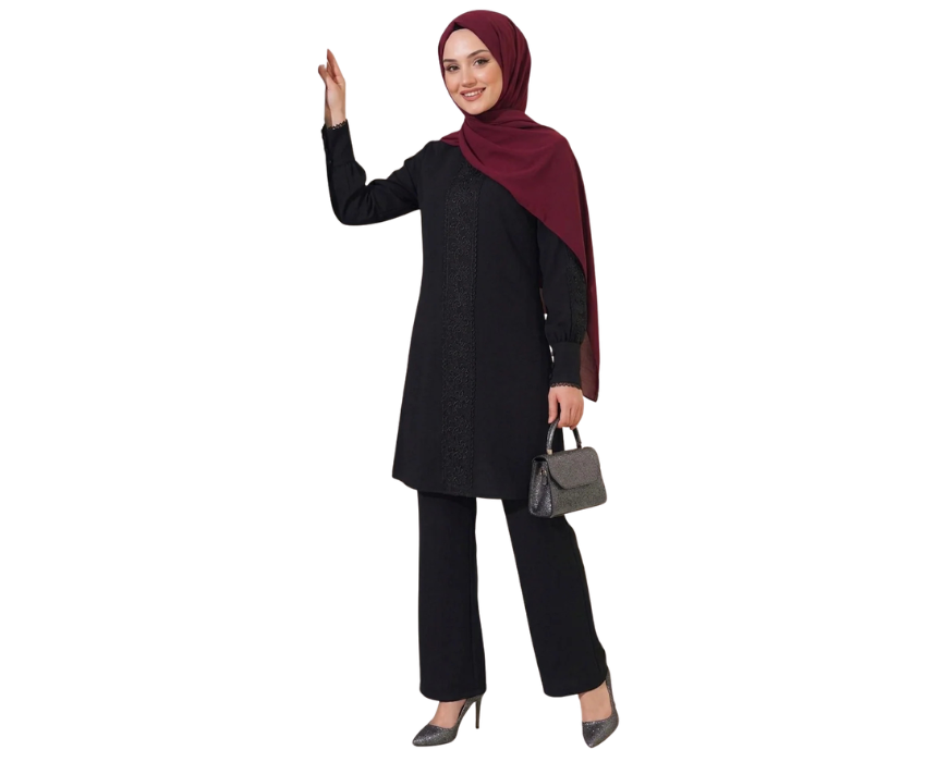 3 Black Modest Elegant Long Tunic And Trouser Two Piece Set - Image 1