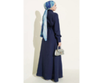 Elegant Navy Blue Half Buttoned Dress With Ruffles - Image 