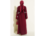 Burgundy Butterfly And Pearl Embellished Belted Abaya - Image 