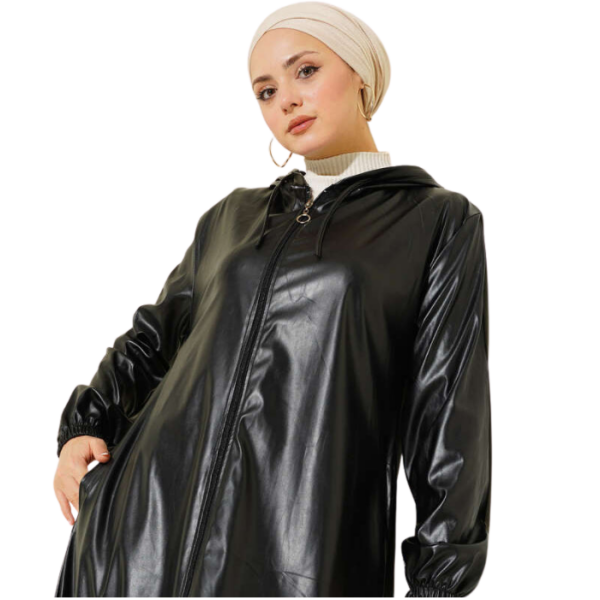 Black Leather Trench Coat With Elastic Sleeves