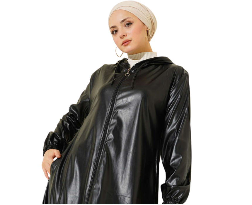 4 Black Leather Trench Coat With Elastic Sleeves - Image 1