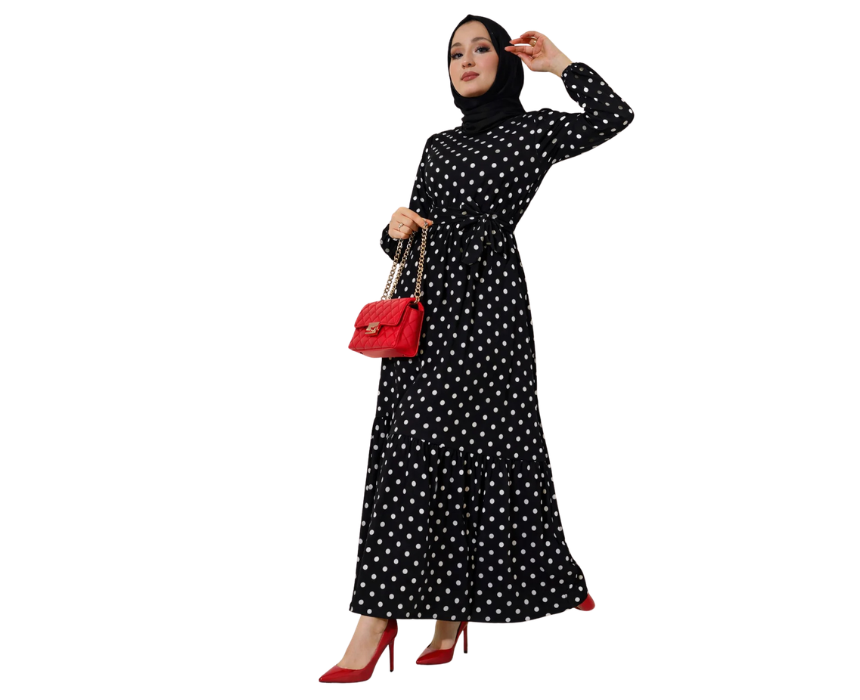 4 Black And Off White Polka Dot Modest Maxi Dress - Image 1