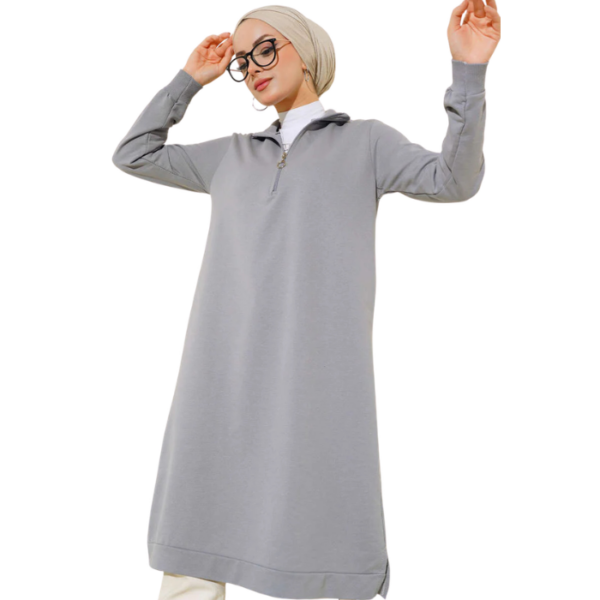 Regular Fit Gray Half Zip Basic Long Tunic