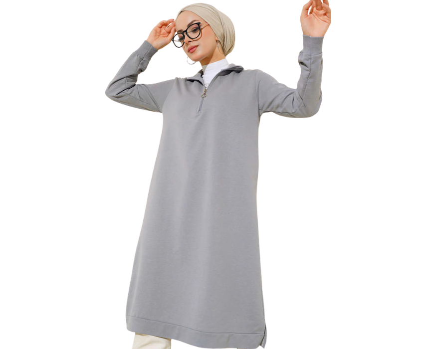 4 Regular Fit Gray Half Zip Basic Long Tunic - Image 1