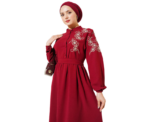 Elegant Bordo Dress With Shoulder Flower Embroidery - Image 