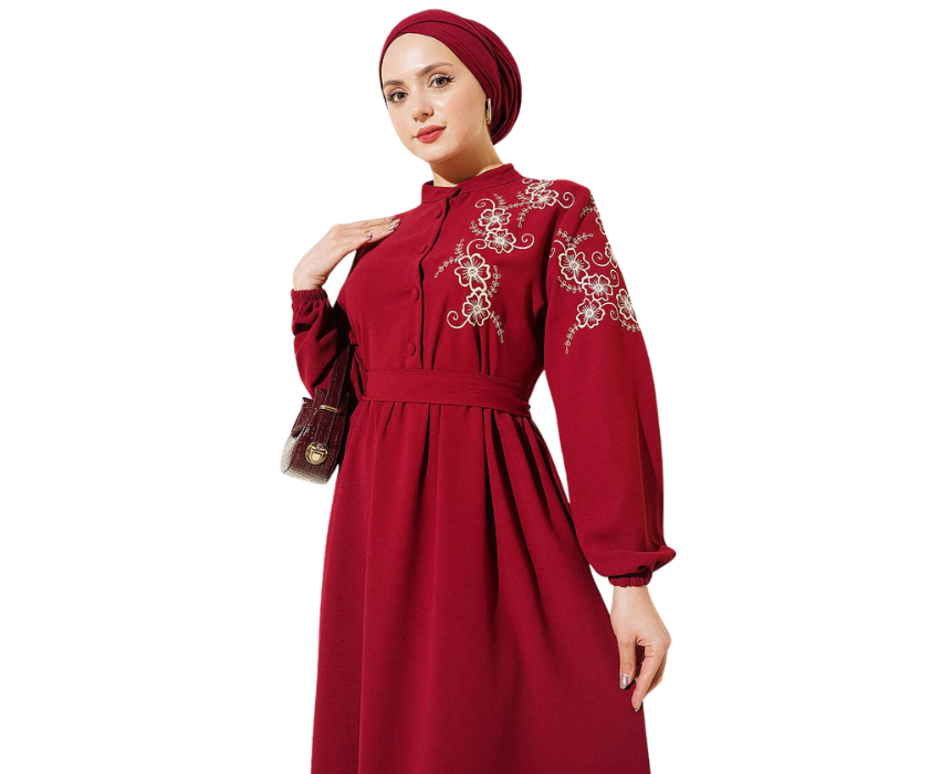 5 Elegant Bordo Dress With Shoulder Flower Embroidery - Image 1
