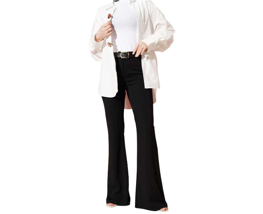 5 Black Flared Belted Fabric Trousers - Image 1