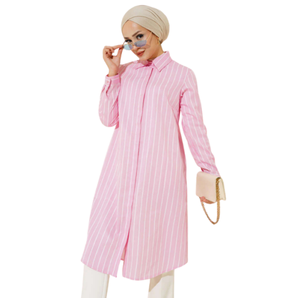 Pink Long Striped Hidden Button Shirt