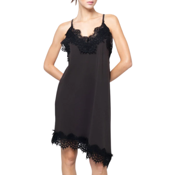 Womens Satin Slip Dress Black Lace