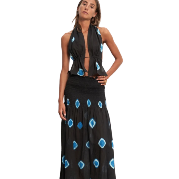 The Open Back Halter Top Indigo Dot