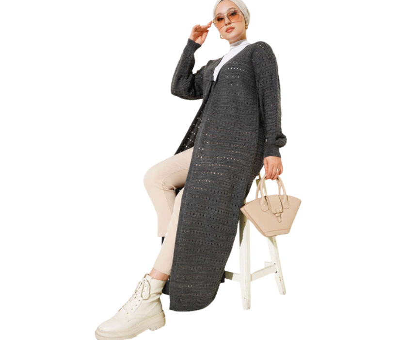 6 Dark Gray Long Knitted Cardigan With Lace Detail - Image 1