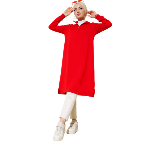 Regular Fit Red Half Zip Basic Long Tunic