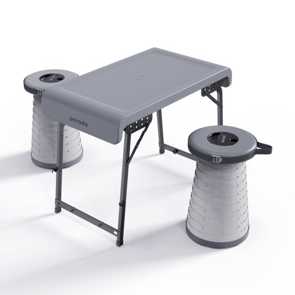 Camping Foldable Desk And Led (White/Yellow) Stool Set Grey#Pd-Cfdldsts-Gy