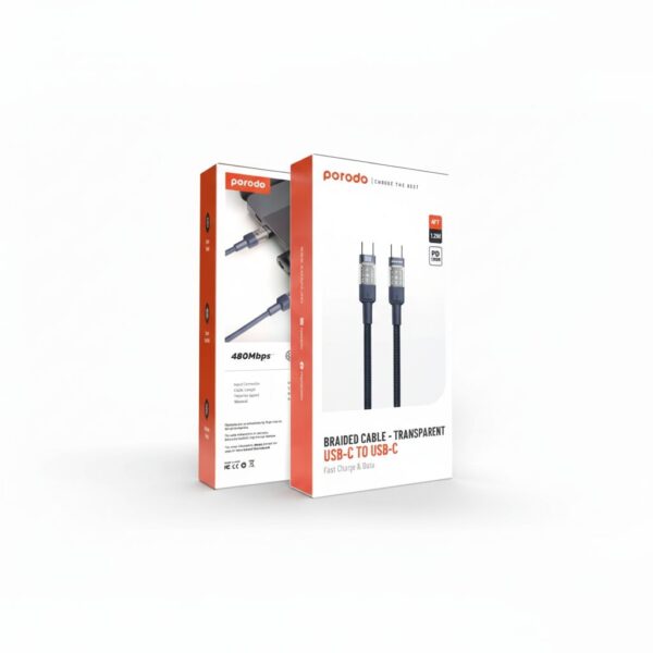 Braided 100W PD C to C Fast Charging Cable with Transparent Head 1.2M - Blac#PD-100WCCTH-BK