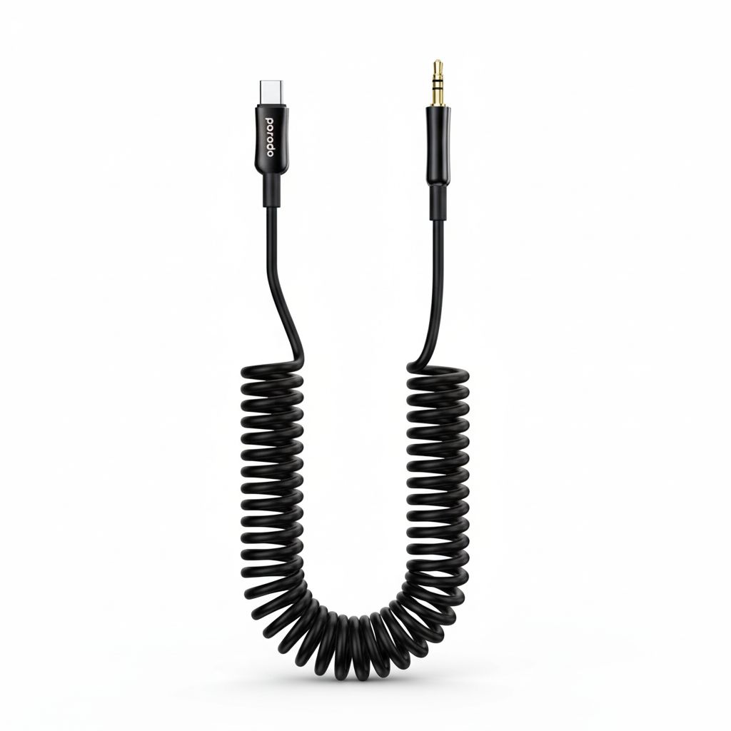 6849108441834-2 3.5Mm Type-C Aux Coiled Audio Cable 1.2M Black