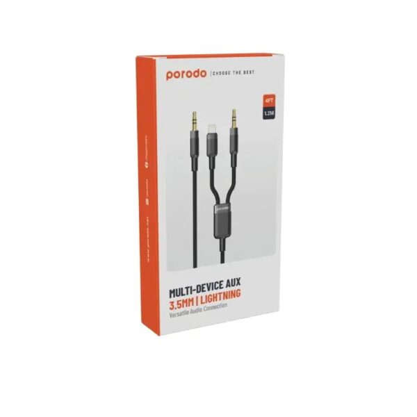 2In1 Aux 3.5 To 3.5+Lightning Cable 1.2M - Black #PD-AUX2LC-BK