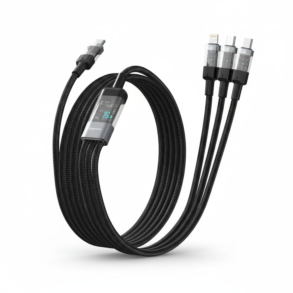 6849108446761-1 4-IN-1 Digital-Display Fast Charging 1m Cable TypeC to C+L+M 66W - Black#PD-CBL0019-BK
