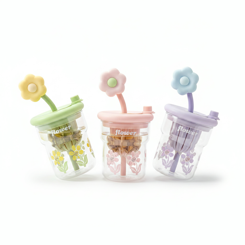 6926349358166 Colorful Glass Cup With Straw/Mixed 500Ml