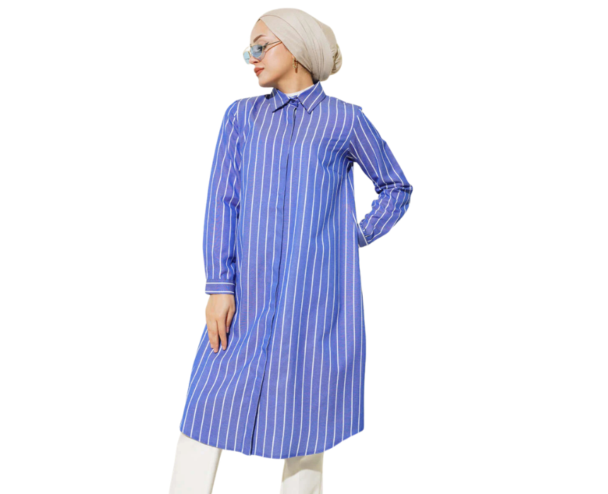 7 Dark Blue Long Striped Hidden Button Shirt - Image 1