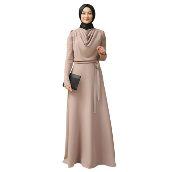 Beige Draped Detail Dress With Belt